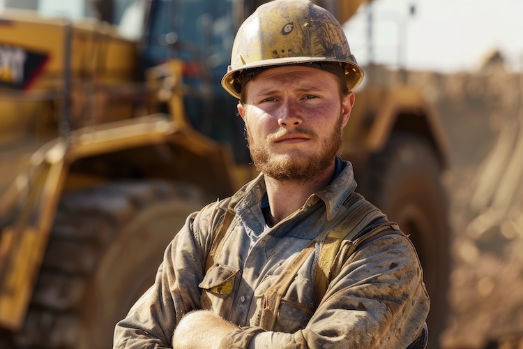 A mining worker posing in front of large dozer Insured excavator in front of a dozer